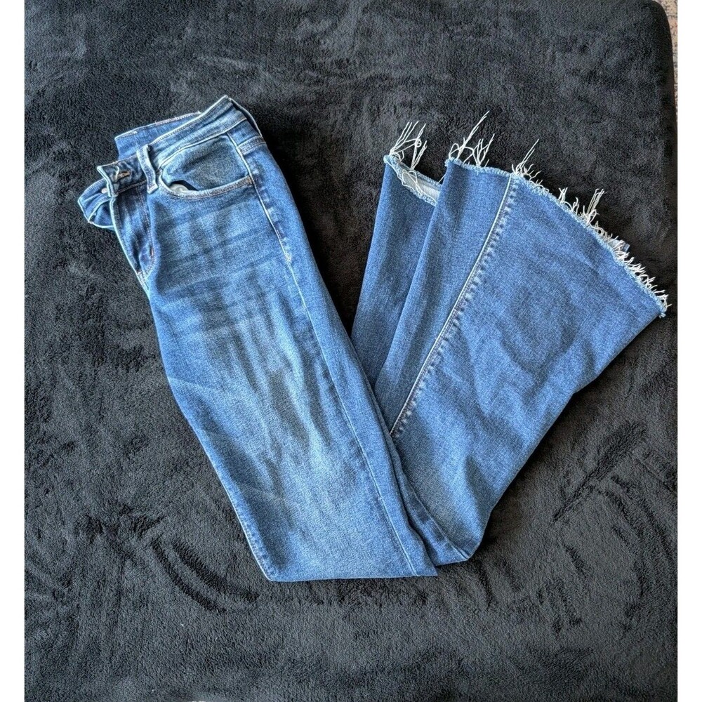 Y2K Flying Monkey Boho Hippie Distressed Split Hem Flare Jeans Mid Rise 24" Sz 0